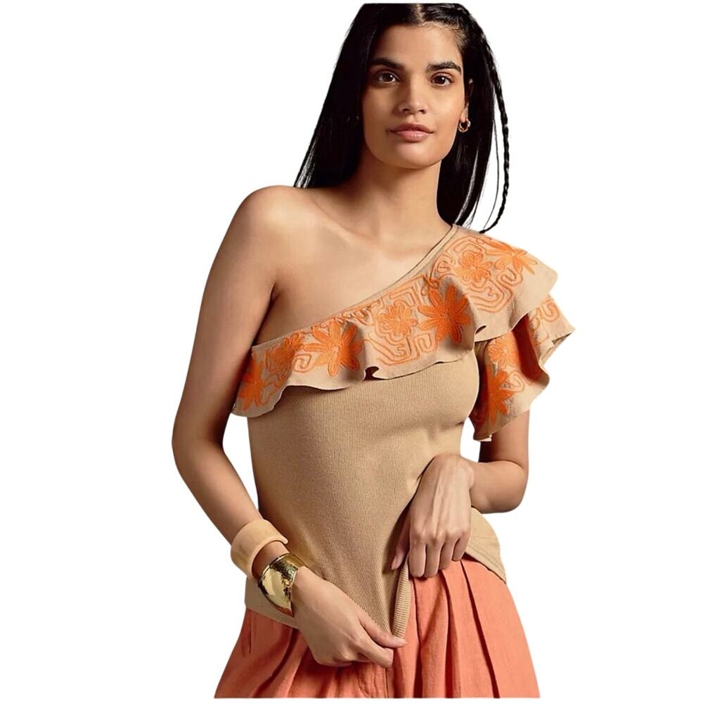 Dolan One Shoulder Tan Ribbed Knit Top Women’s L Orange Embroidered Floral Trim - Picture 1 of 10